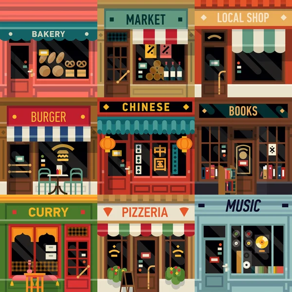 Restaurantes e lojas fachada ícones . —  Vetores de Stock