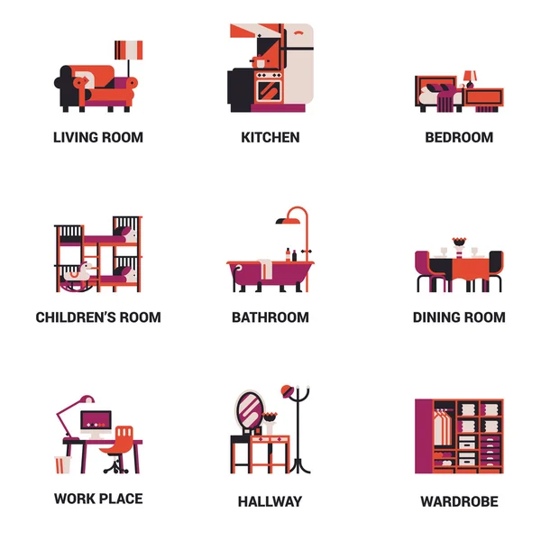 Iconos de tipos de habitación de diseño interior — Vector de stock