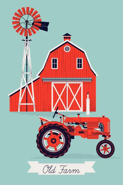 Old Farm with red wooden barn — Stock Vector