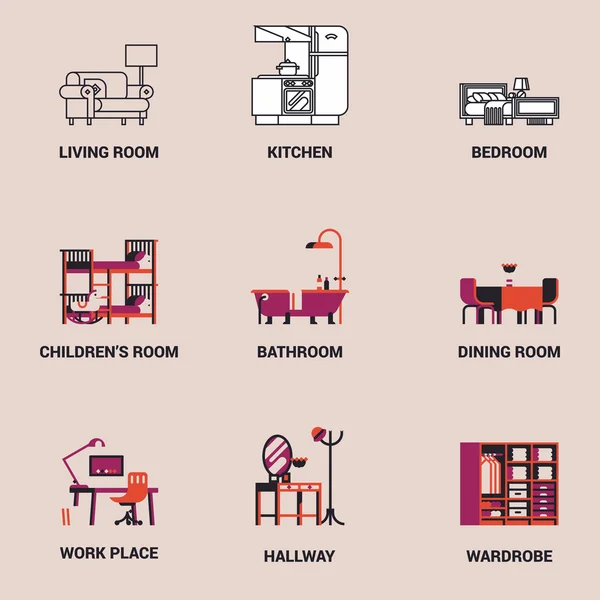 Interior design room types icons — Stock Illustration Interior design room types icons Stock Illustration