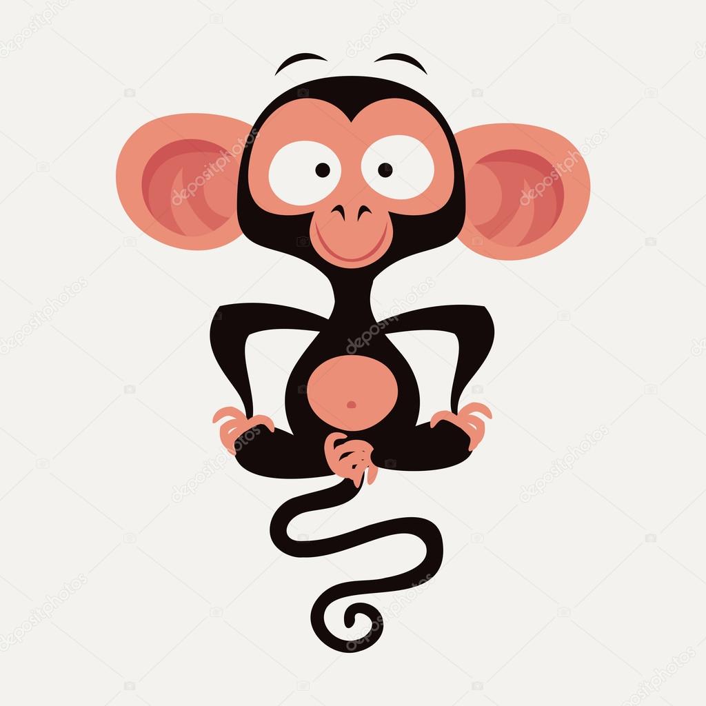 Cool and funny vector monkey character with huge ears sitting and looking straight. Ideal as mascot decorative element for animals and wildlife themed graphic and web design