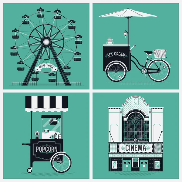 Roue, cinéma, crème glacée, pop corn — Image vectorielle