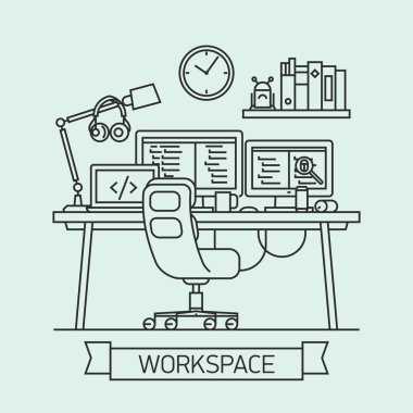 Cool linear programmer or coder workspace visual with multiple monitors with debugging and coding software in office interior. Thin line web banner template on modern workspace on color background clipart svg vector 