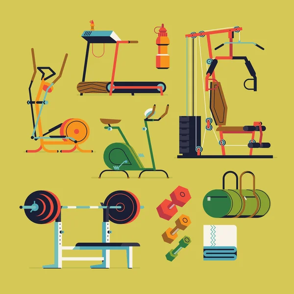 Fitness gym exercise equipment and items — Stock Vector