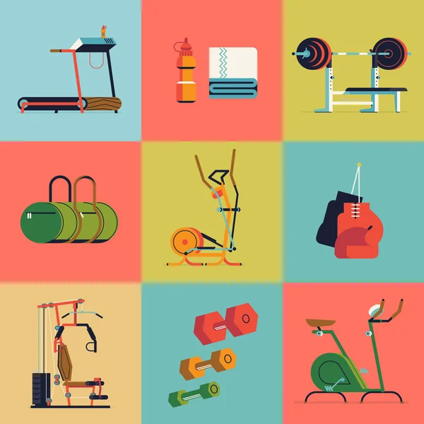 Fitness gym exercise equipment and items — Stock Vector