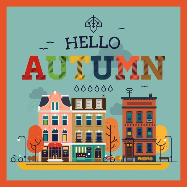 Hello Autumn seasonal background with   city — Stok Vektör