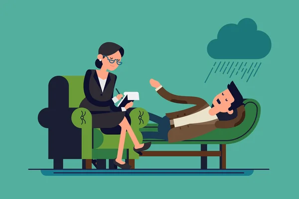 Psicoterapeuta com caracteres pacientes deitados — Vetores de Stock #84359830