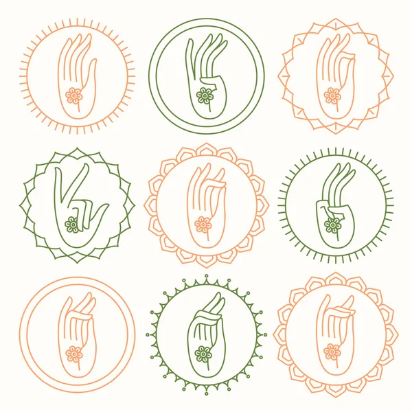 Yoga meditación mano alrededor de iconos — Vector de stock