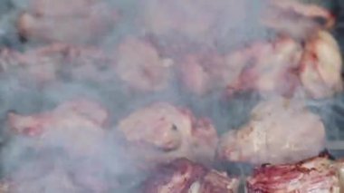 Izgarada Şiş Kebap Pişiriyorum. Dumanın İçindeki Shashlik. Ateşin üzerindeki leziz et