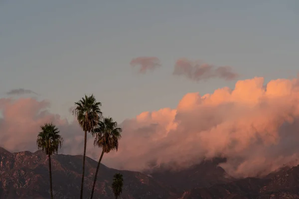 Palmeras Contra Lluvia Nubes Colores Sobre Las Montañas San Gabriel — Foto de Stock