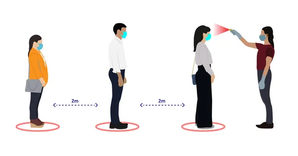 Personas Con Mascarilla Pie Línea Para Comprobar Temperatura Corporal Con — Archivo Imágenes Vectoriales