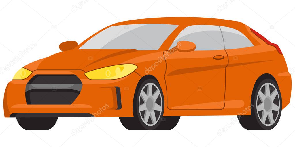  Hatchback car three quarter view. Orange automobile in cartoon style.