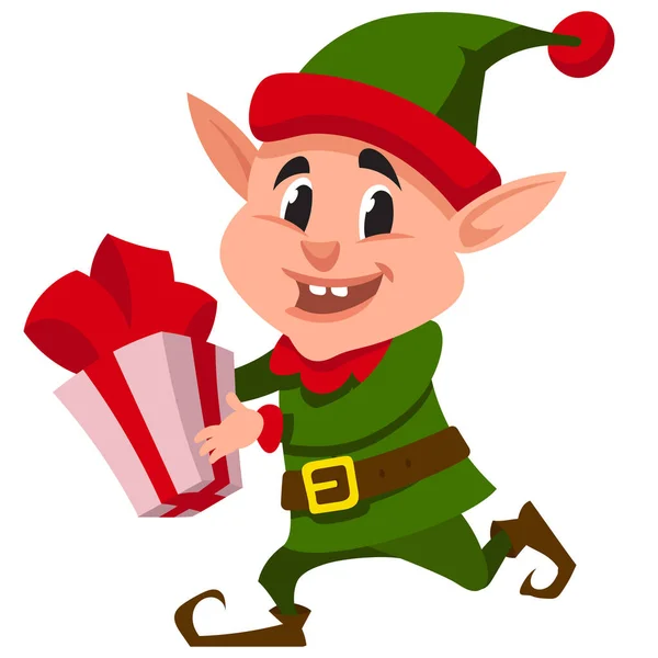 Elfe de Noël portant boîte cadeau. — Image vectorielle