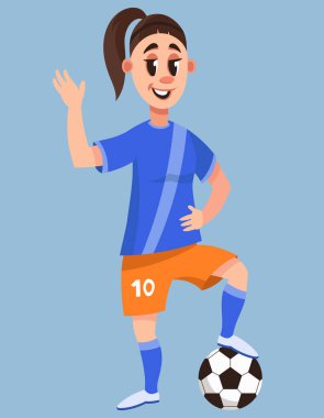  Kadın futbolcu topla ayakta duruyor. Çizgi film tarzında gülümseyen karakter.