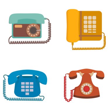  Retro telefonlar. Çizgi film tarzında modası geçmiş ekipmanlar.