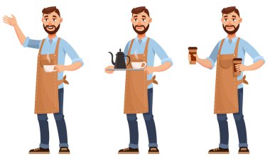 Barista farklı pozlarda. Çizgi film tarzında erkek karakter.