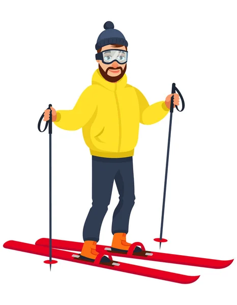 Man Skis Male Character Cartoon Style — Stock Vector