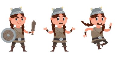  Farklı pozlarda bebek viking. Çizgi film tarzında bir kadın çocuk.