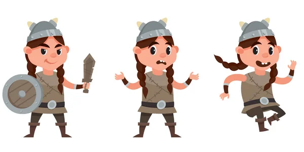 Bebé Vikingo Diferentes Poses Niño Femenino Estilo Dibujos Animados — Vector de stock