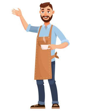  Barista elinde bir fincan tişört tutuyor. Çizgi film tarzında bir erkek..