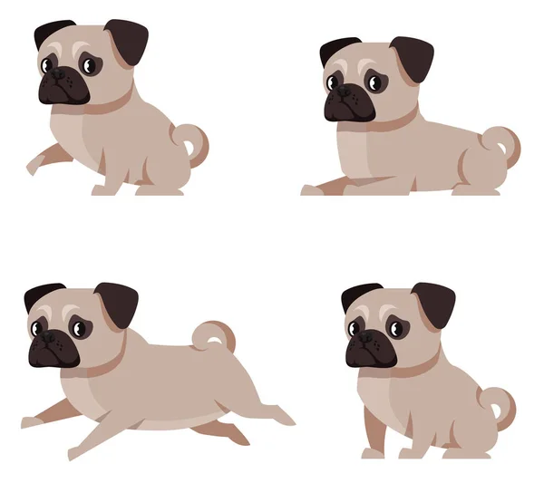 Perro Pug Diferentes Poses Linda Mascota Estilo Dibujos Animados — Archivo Imágenes Vectoriales