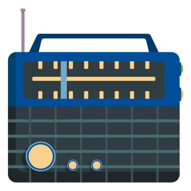  Mavi retro radyo. Çizgi film tarzında modası geçmiş ekipmanlar.