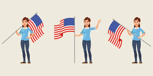 Женщина Держащая Американский Флаг Разных Позах Женский Персонаж Мультяшном Стиле — стоковый вектор
