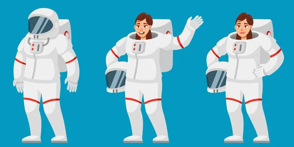 Astronauta feminina em diferentes poses. — Vetor de Stock