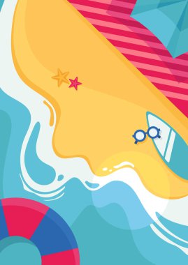  Deniz plajlı poster şablonu. Düz tasarımda yaz konsepti.