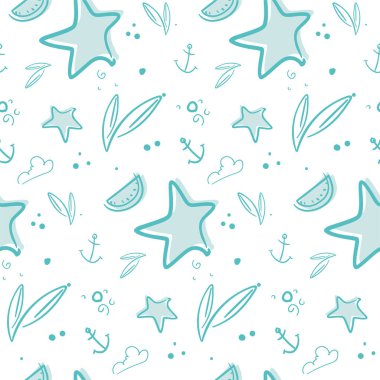 Yıldızlı ve çapalı kusursuz desen. Karalama tarzında yaz dokusu.