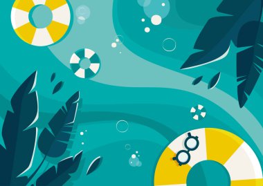  Okyanus ve palmiye yapraklarıyla banner şablonu. Düz tasarımda yaz konsepti.