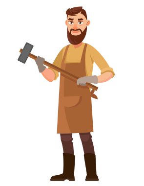  Çekiç tutan demirci. Çizgi film tarzında bir erkek..