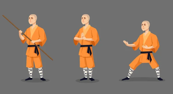 Shaolin Mönch Verschiedenen Posen Männliche Figur Cartoon Stil — Stockvektor