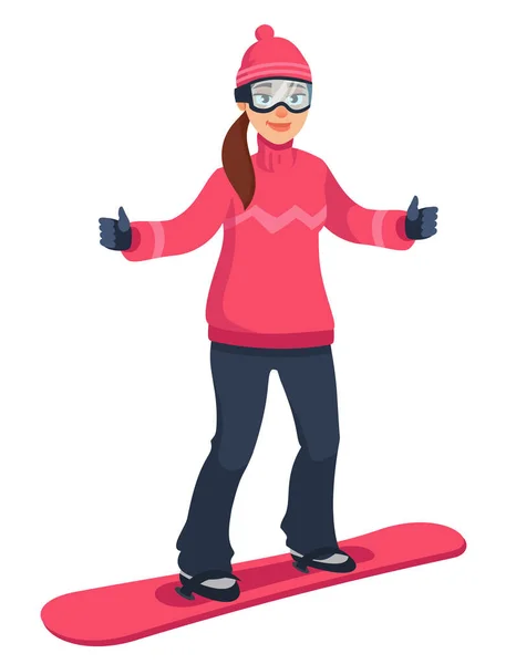 Feminino snowboarder dando polegares para cima. — Vetor de Stock