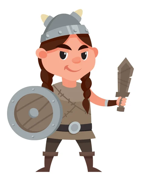 Oyuncak kılıç ve kalkan tutan Viking çocuğu.. — Stok Vektör