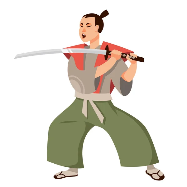 Samurai Angriffsposition Japan Figur Comic Stil — Stockvektor