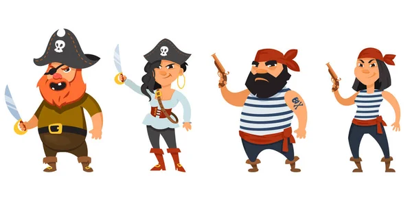 Piratas Machos Hembras Portando Armas Personajes Divertidos Estilo Dibujos Animados — Vector de stock