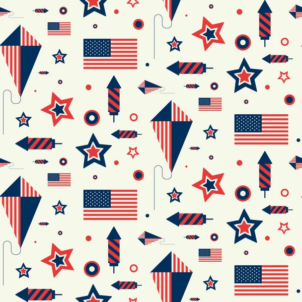 Seamless pattern with US flag, kite and firework. — Stock Vector