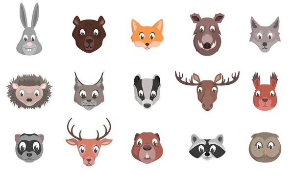 Ensemble de têtes d'animaux forestiers. — Image vectorielle