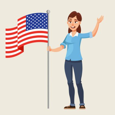 Amerikan bayrağıyla ayakta duran kadın.