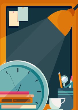 Pano, masa lambası ve saati olan poster şablonu.