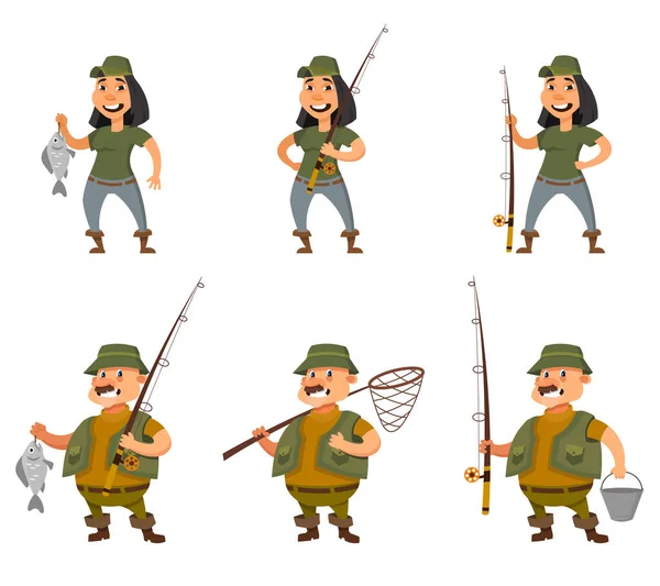 Pescador y pescador femenino en diferentes poses. — Vector de stock