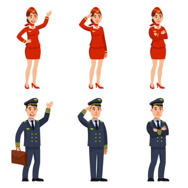 Uçak pilotu ve hostes farklı pozlarda..