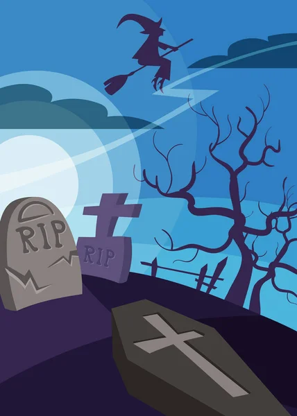 魔女が墓地を飛び回るポスター. — ストックベクタ