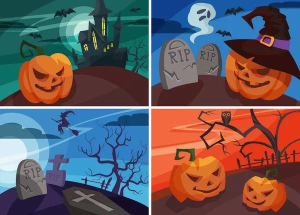 Conjunto de banners de Halloween em estilo cartoon. —  Vetores de Stock