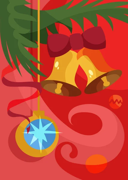 Poster with christmas tree ball and bells. — Stock Vector