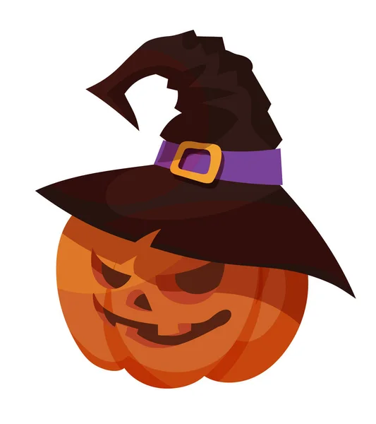 Cabeza de calabaza vestida con sombrero de bruja. — Vector de stock