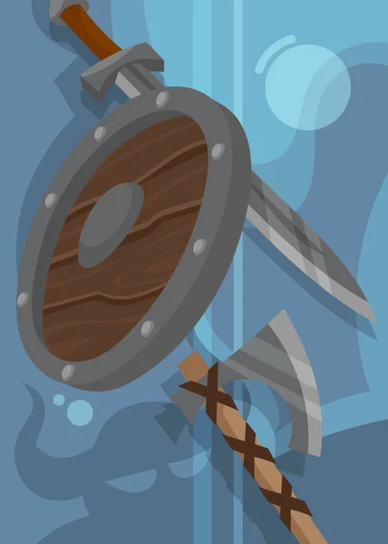 Cartel vikingo con escudo y armas. — Vector de stock