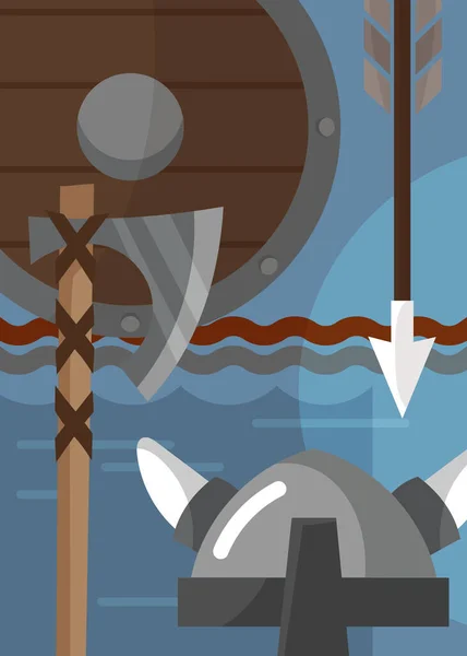 Cartel vikingo con armadura y armas. — Vector de stock