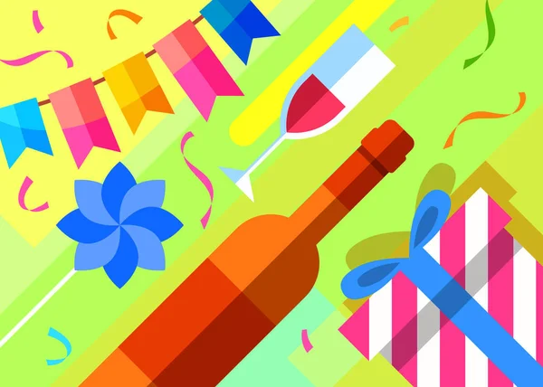 Happy Birthday Banner mit Wein und Dekorationen. — Stockvektor